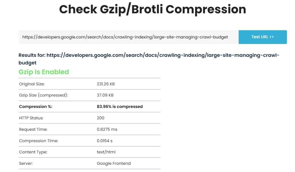 gzip / brotlin compression tester results showing gzip is enabled