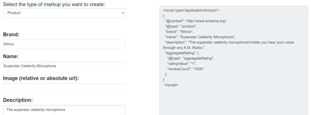 json-ld generator results for a product schema