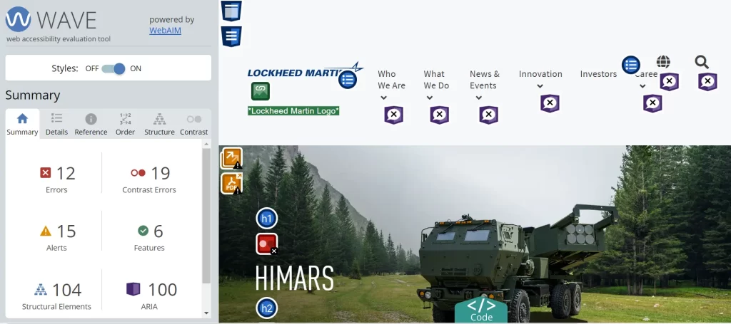 web accessibility testing tool results for the himars page