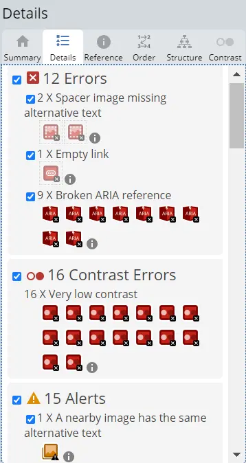 web accessibility testing tool result details